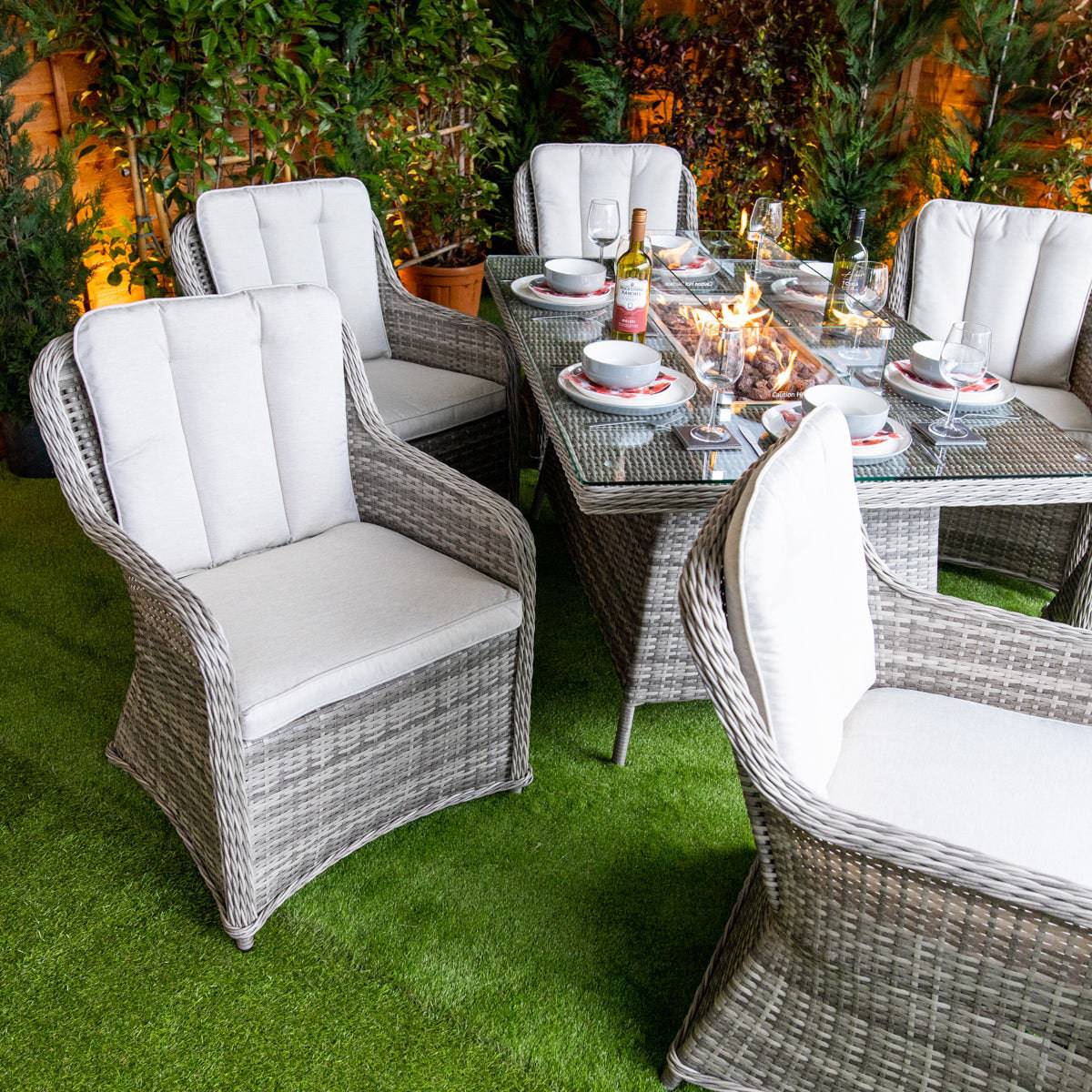 Champagne Rattan Vienna Rectangular 6 Seater Fire Pit Dining Set