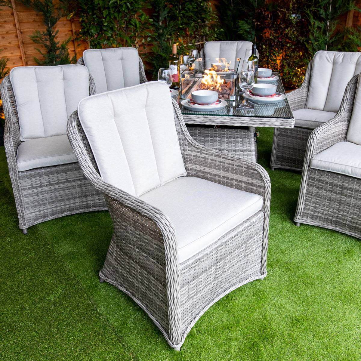 Champagne Rattan Vienna Rectangular 6 Seater Fire Pit Dining Set