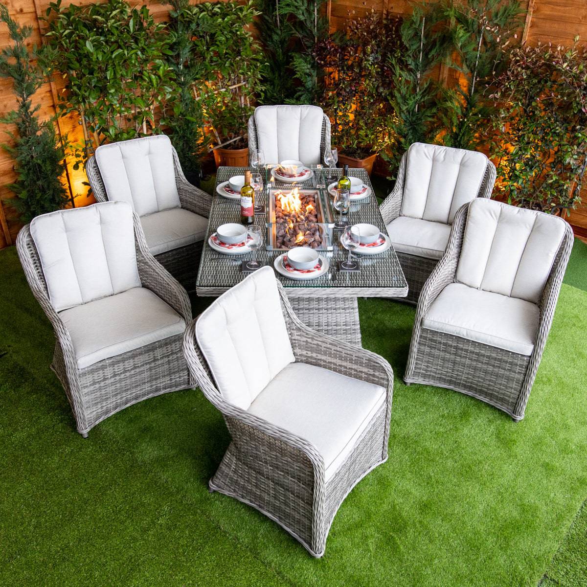 Champagne Rattan Vienna Rectangular 6 Seater Fire Pit Dining Set