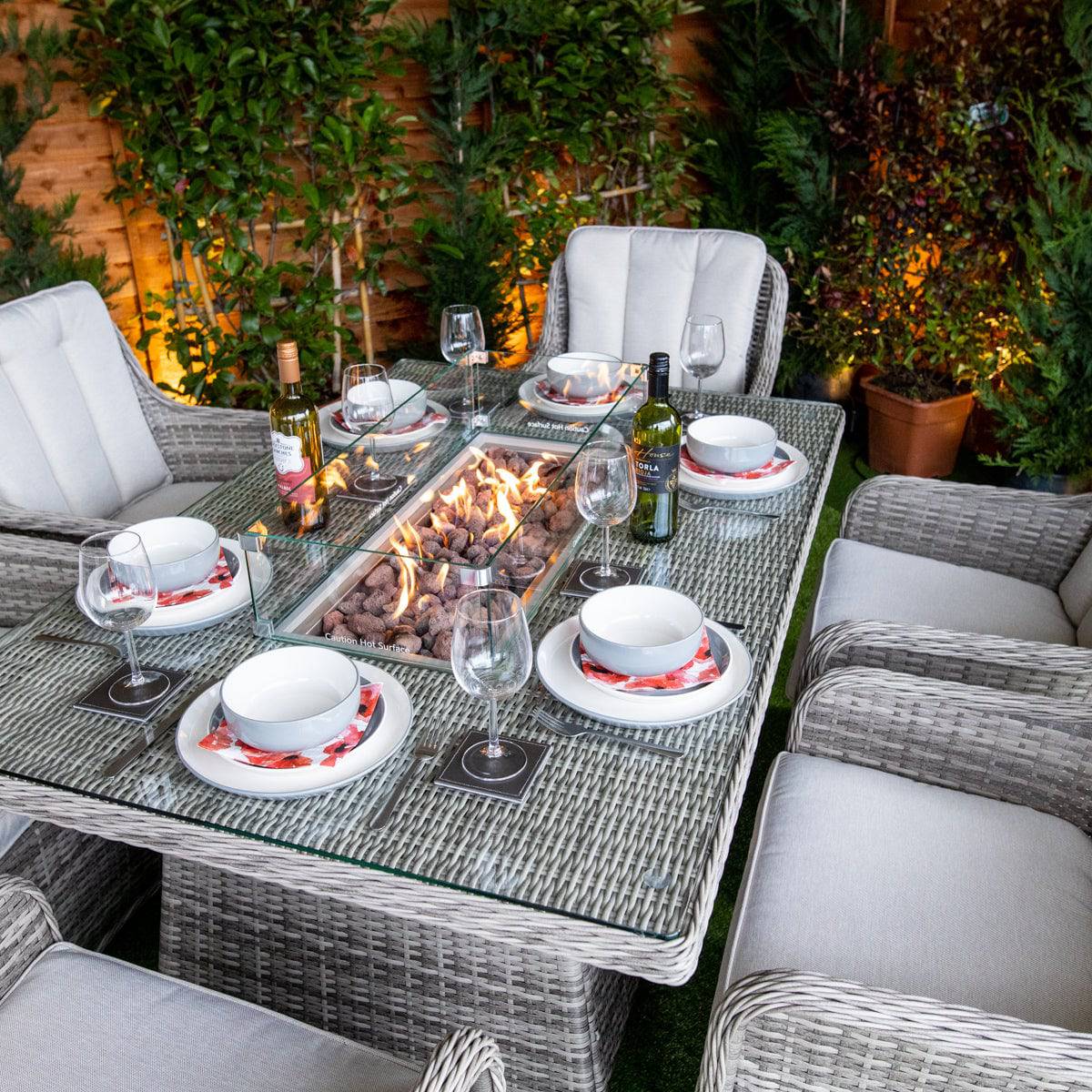 Champagne Rattan Vienna Rectangular 6 Seater Fire Pit Dining Set