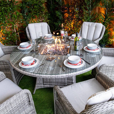 Champagne Rattan Vienna Round 6 Seater Fire Pit Dining Table Set