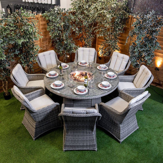 Champagne Rattan Vienna Round 8 Seater Garden Furniture with Fire Pit