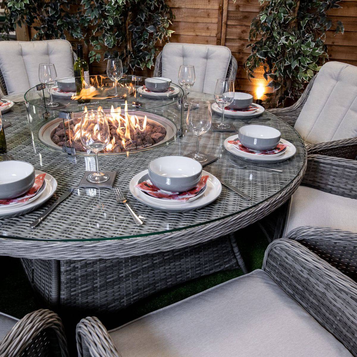 Champagne Rattan Vienna Round 8 Seater Garden Furniture with Fire Pit