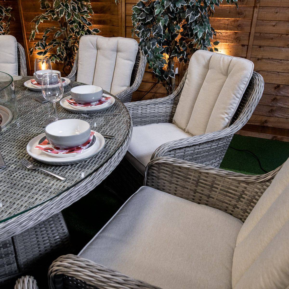 Champagne Rattan Vienna Round 8 Seater Garden Furniture with Fire Pit