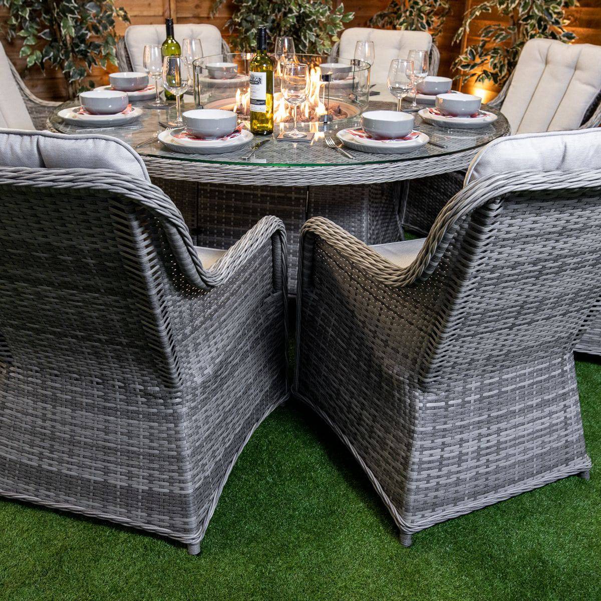 Champagne Rattan Vienna Round 8 Seater Garden Furniture with Fire Pit