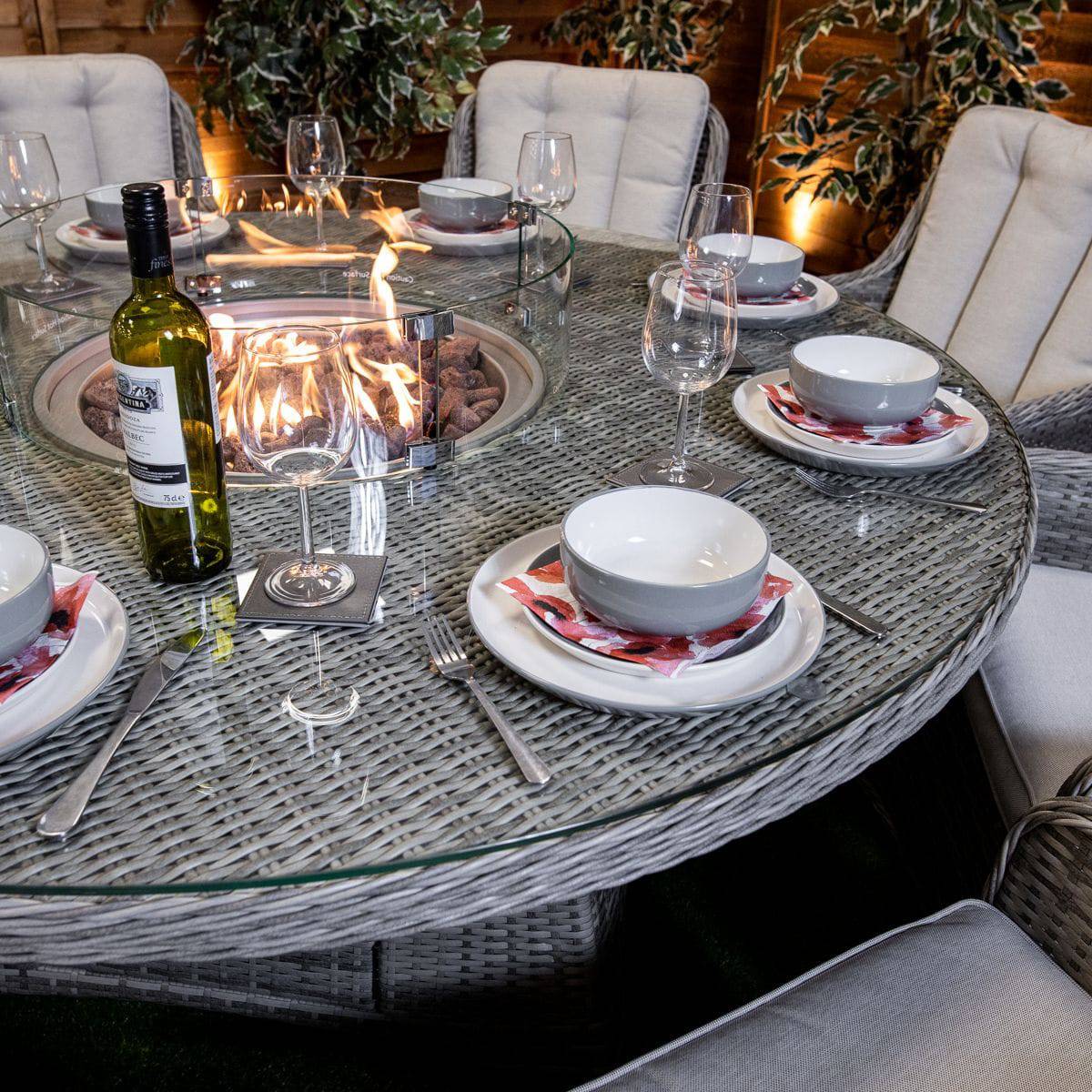 Champagne Rattan Vienna Round 8 Seater Garden Furniture with Fire Pit