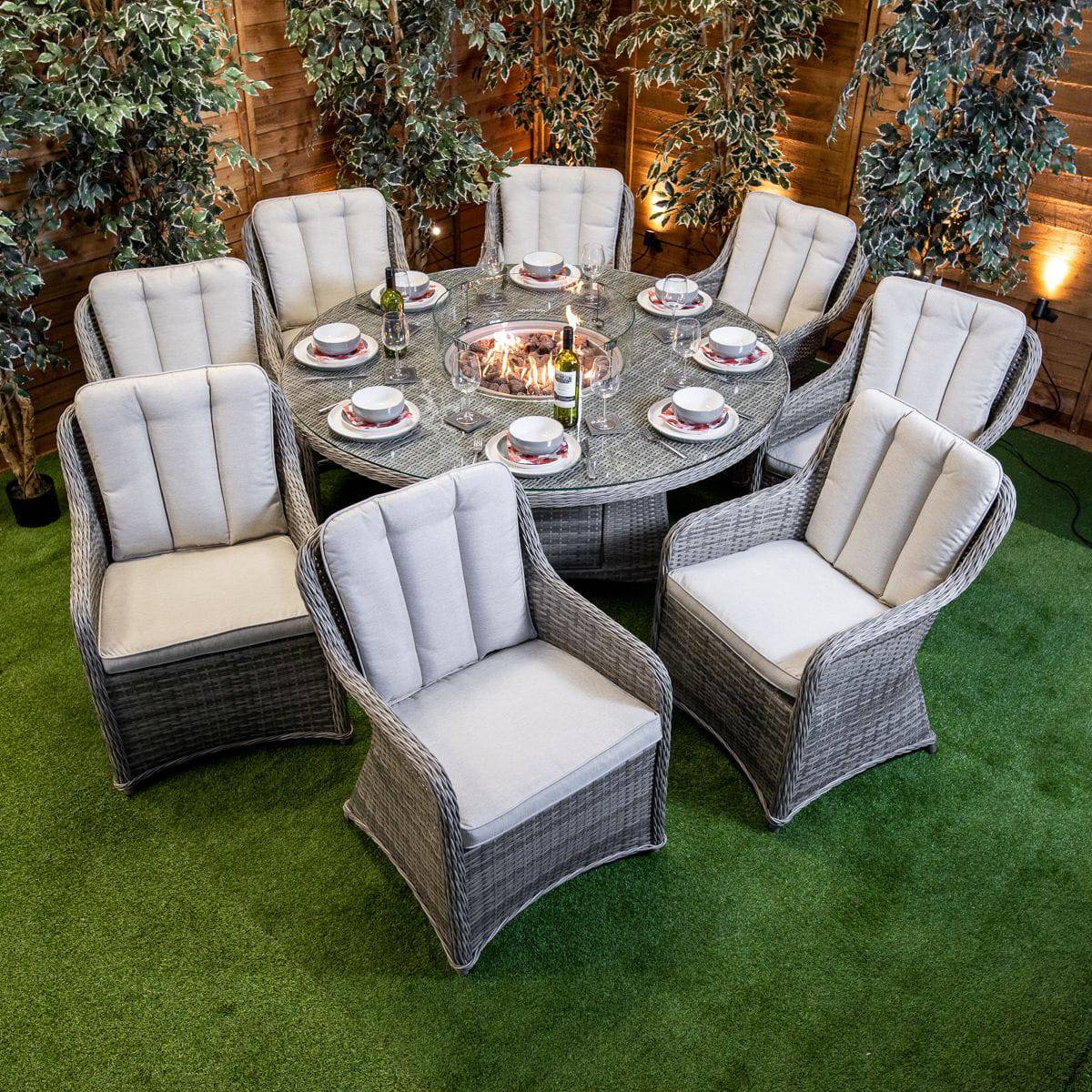 Champagne Rattan Vienna Round 8 Seater Garden Furniture with Fire Pit