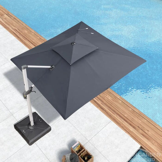 Deluxe 3m Square Cantilever Parasol with LED Lights in Grey with Base
