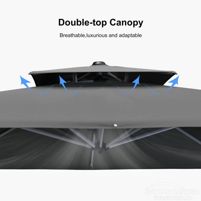Deluxe 3m Square Cantilever Parasol with LED Lights in Grey with Base