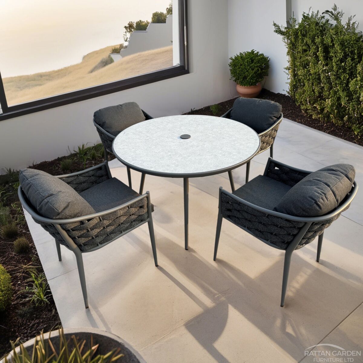 Annabelle Grey 4 Seater Rope Dining Set INC FREE LAZY SUSAN
