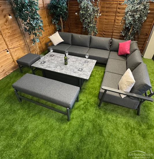 Deluxe Aluminium Garden Furniture Corner Dining Set With Stylish Patterned Rising Table