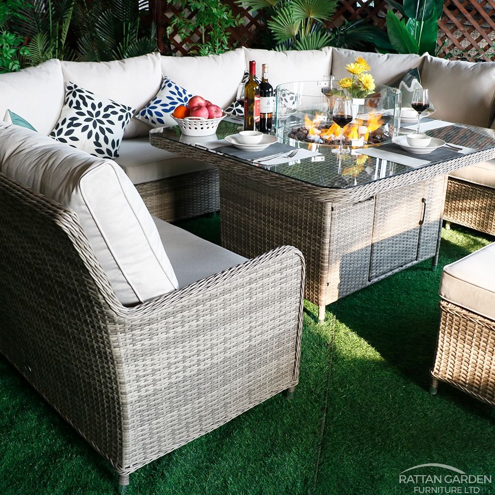 Champagne Curved Sofa Set with Fire Pit