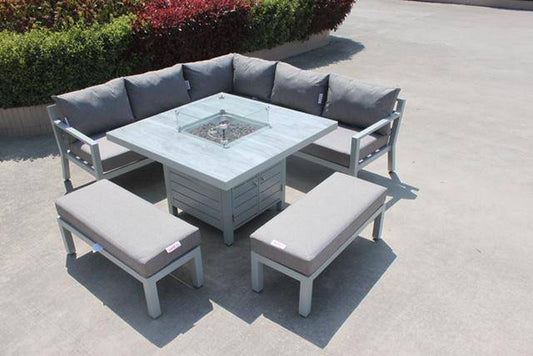 Monroe Aluminium Corner Rattan Dining Set With Fire Pit