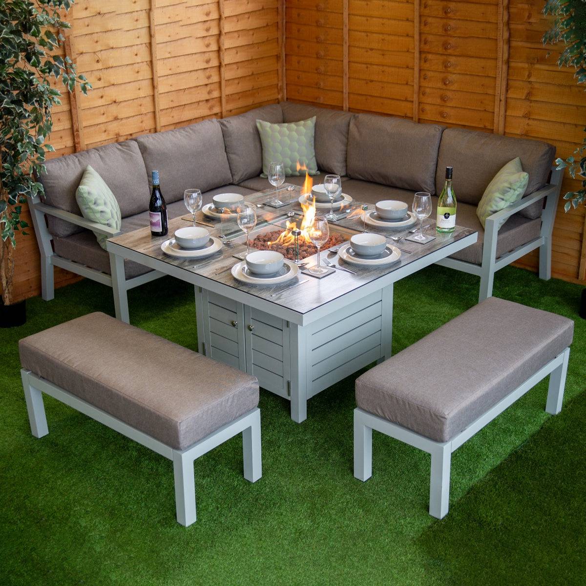 Monroe Aluminium Corner Rattan Dining Set With Fire Pit