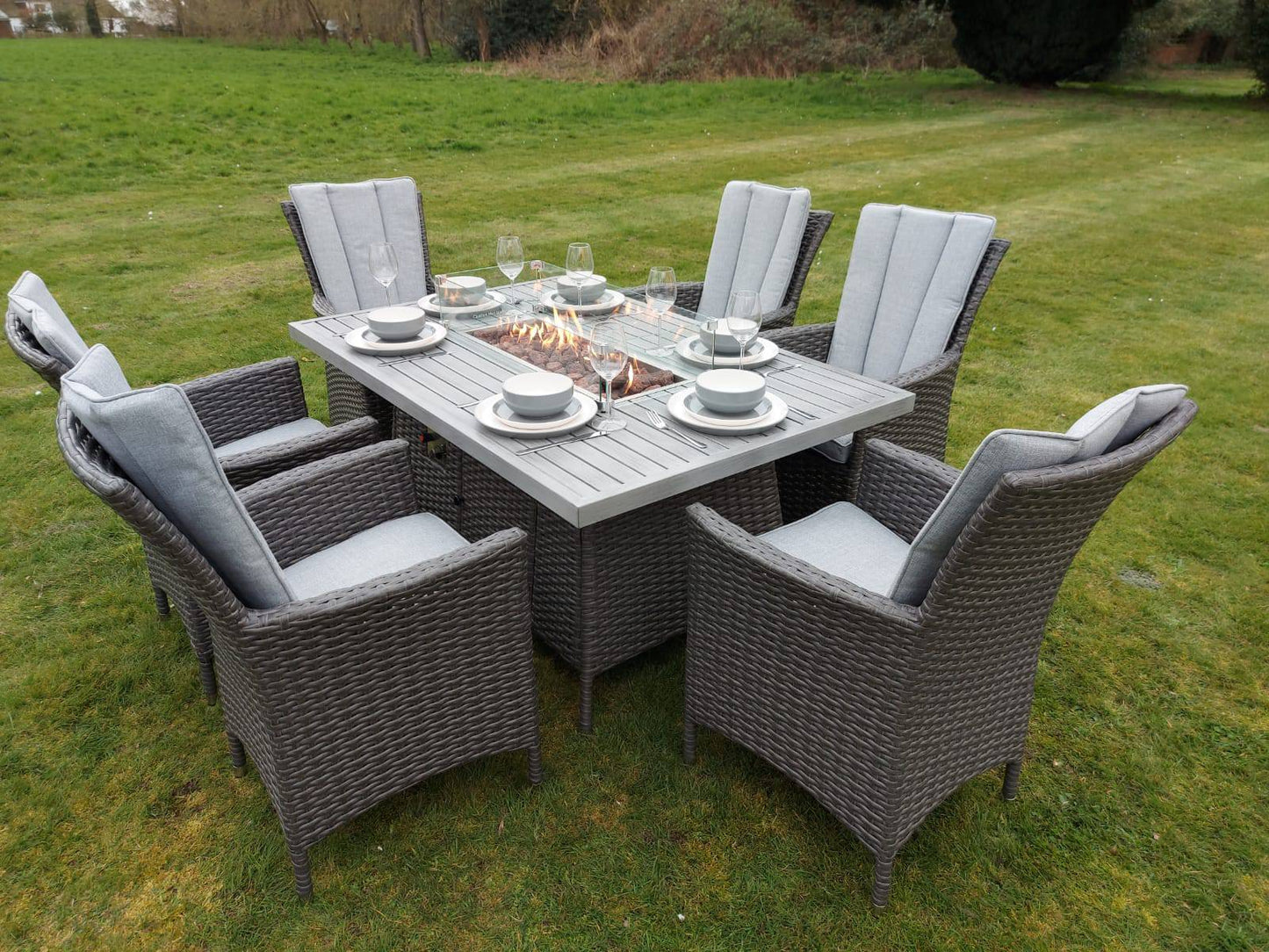 Platinum Atlanta Rectangular 6 Seat Aluminum Table Top Firepit Set