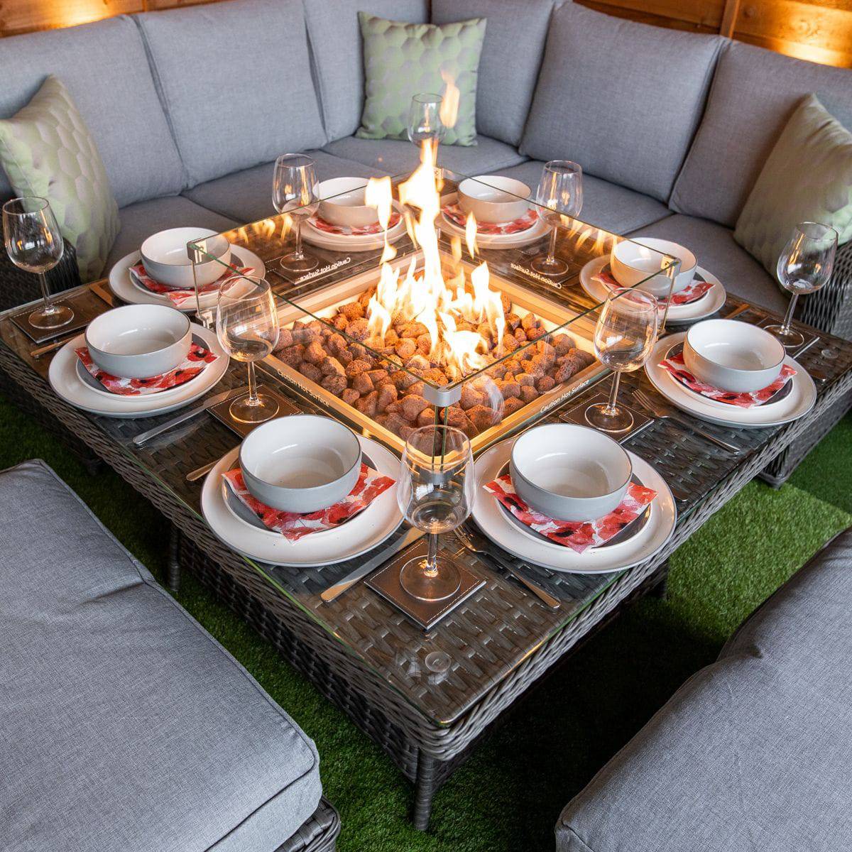 Platinum Boston Rattan Corner Sofa Set with Fire Pit