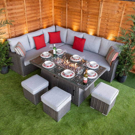 Rattan Platinum Hampton Corner Dining Firepit Sofa Set