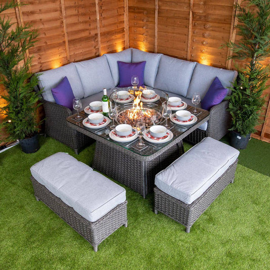 Platinum Rattan Miami Corner Dining Set with Fire Pit