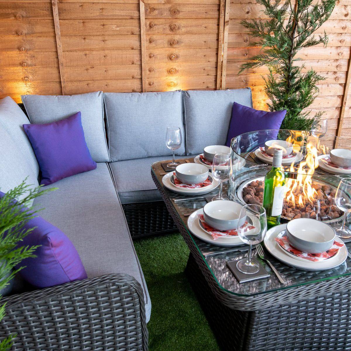 Platinum Rattan Miami Corner Dining Set with Fire Pit