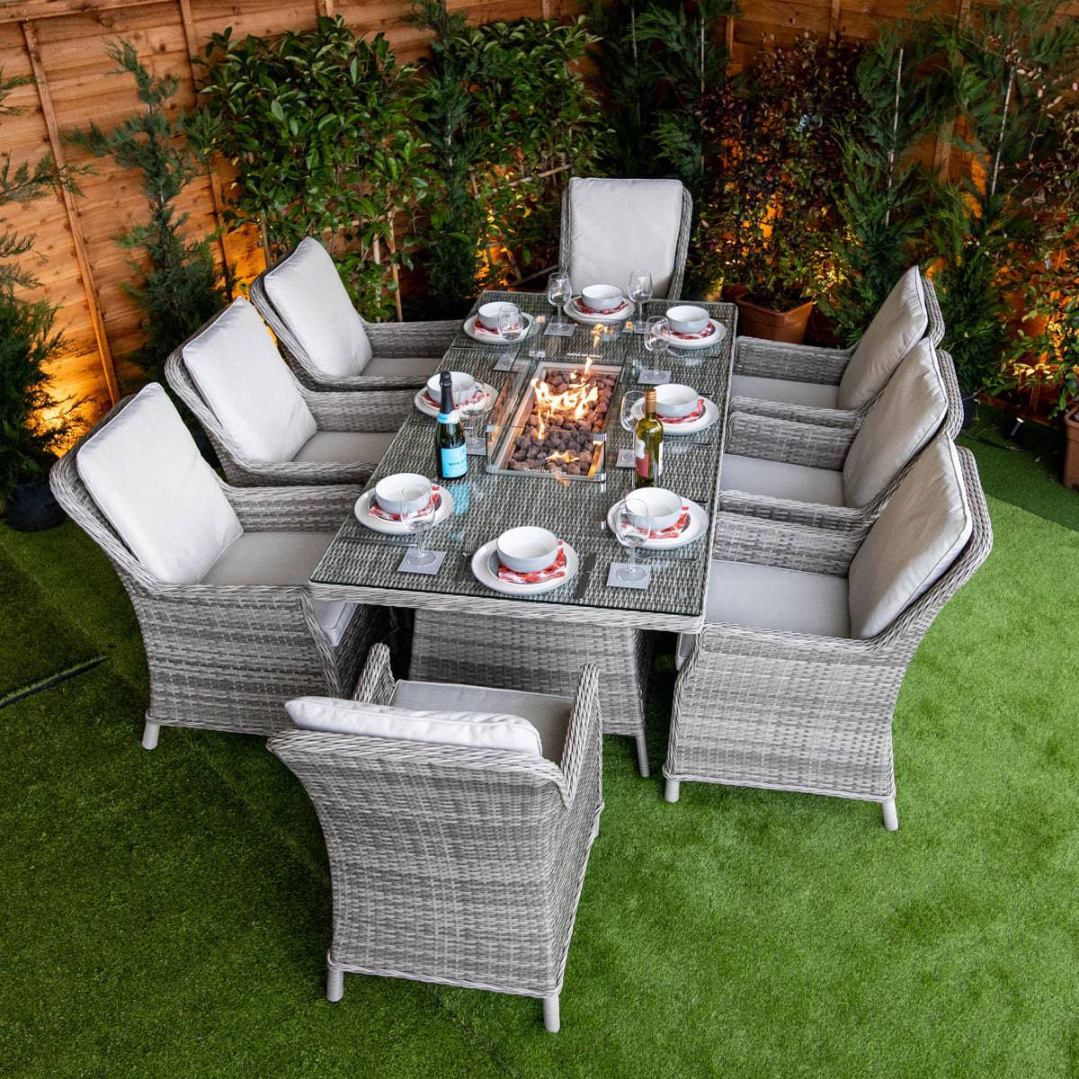champagne Paris 8 Seat rectangle Fire Pit Dining Set with Aluminium Table Top - Garden Furniture Hub Essex