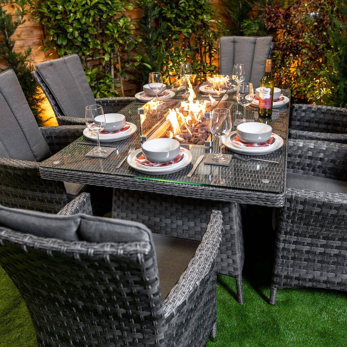 Serena Rattan Atlanta Rectangular 6 Seater Fire Pit Dining Set