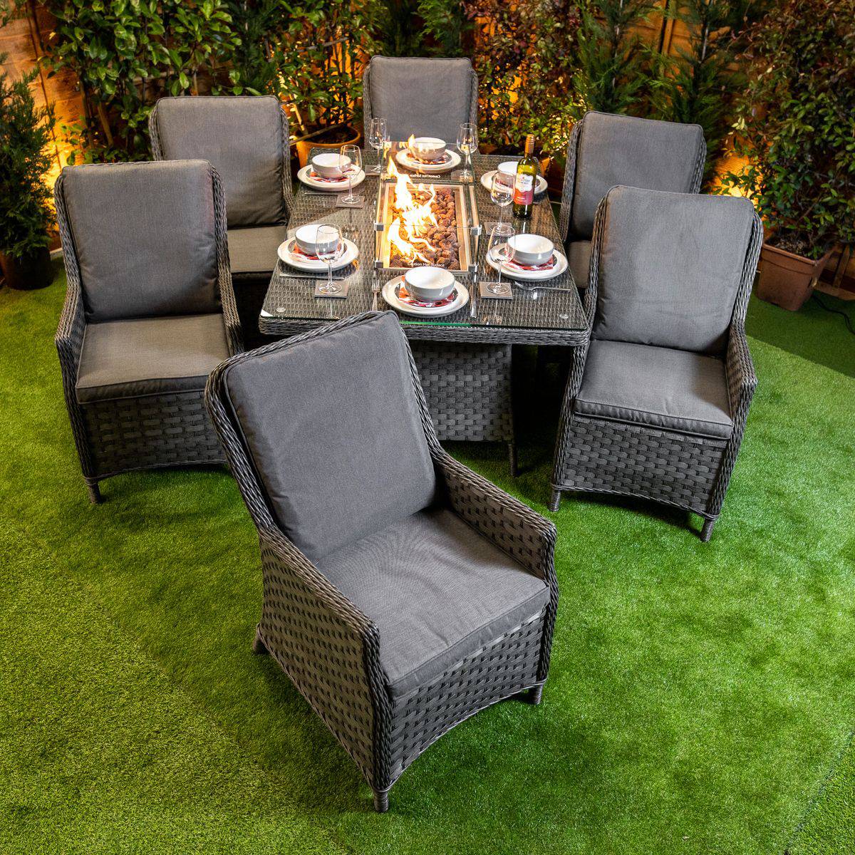 Serena Paris Rectangular Dining Set with Fire Pit and 6 Seats