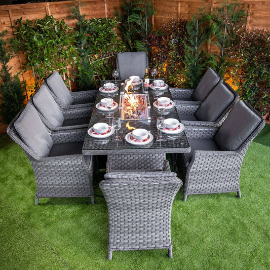 Serena Rattan Paris Rectangular 8 Seater Garden Furniture with Fire Pit
