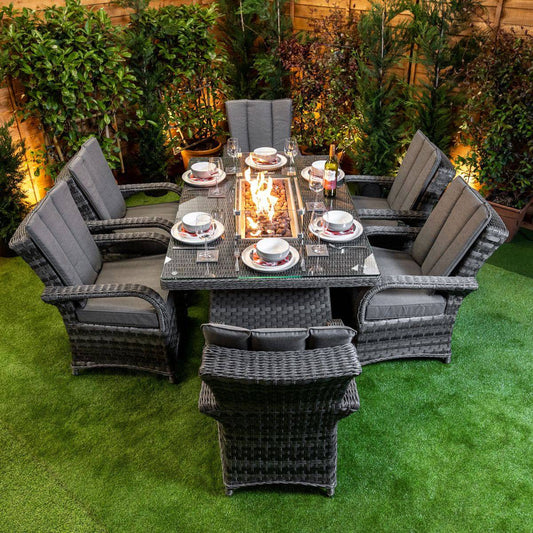 Serena Rattan Tokyo Rectangular 6 Seat Fire Pit Dining Set