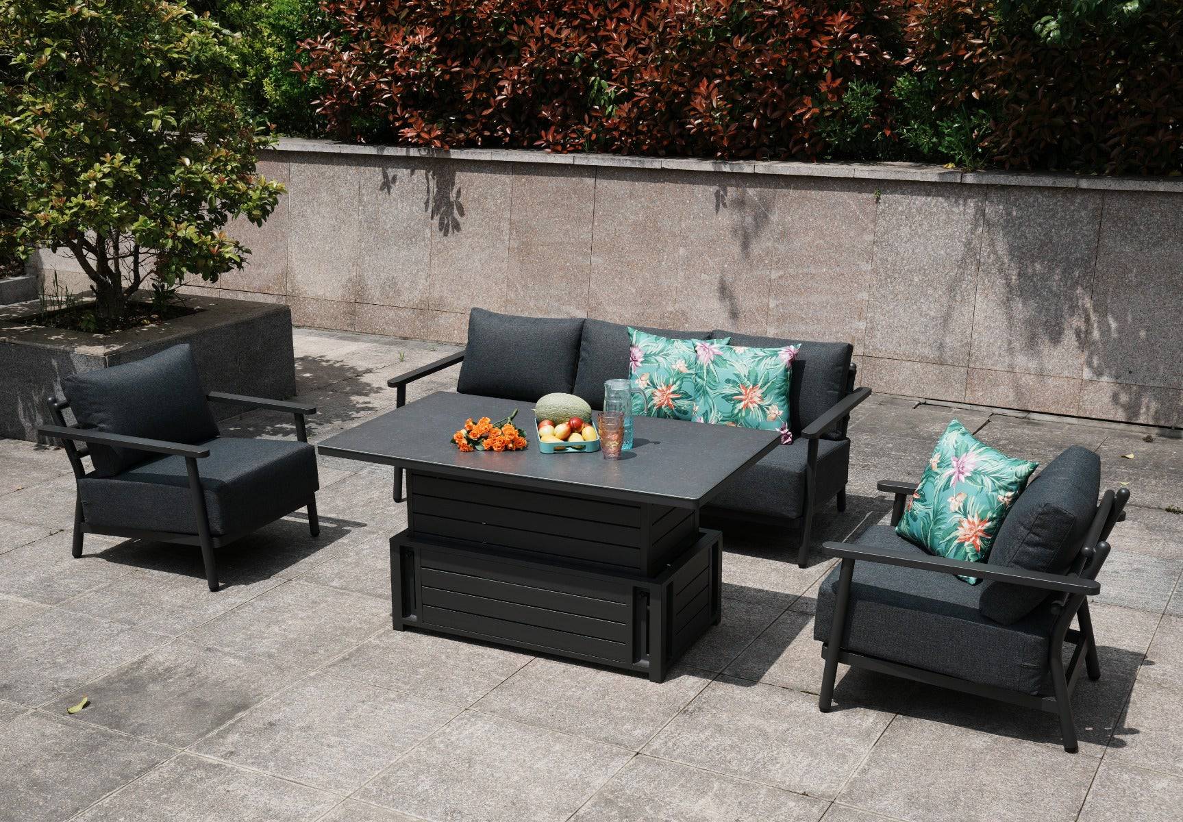 Outdoor aluminium 5-seat sofa set with a rising grey table