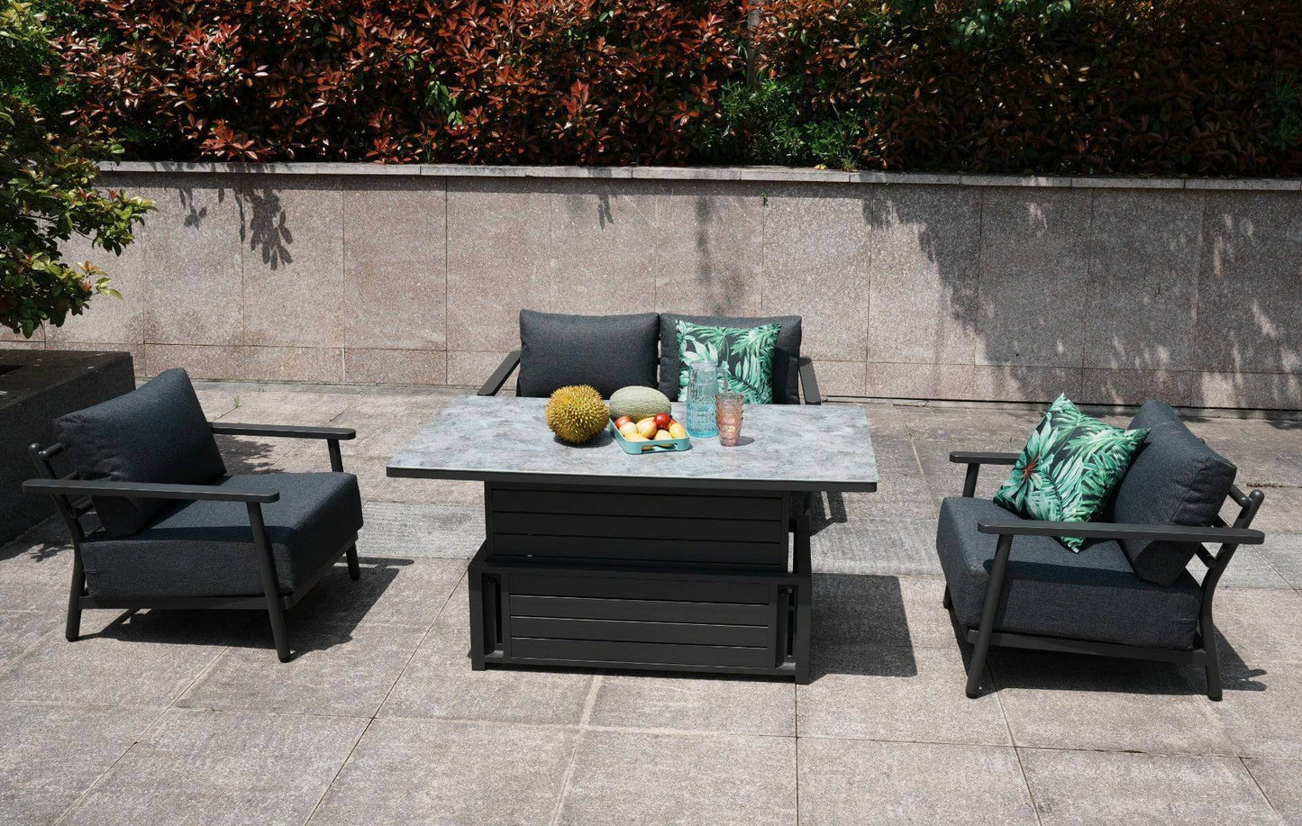 Overhead view of the Aluminium 2 Seat Sofa Set with chairs around the patterned rising table