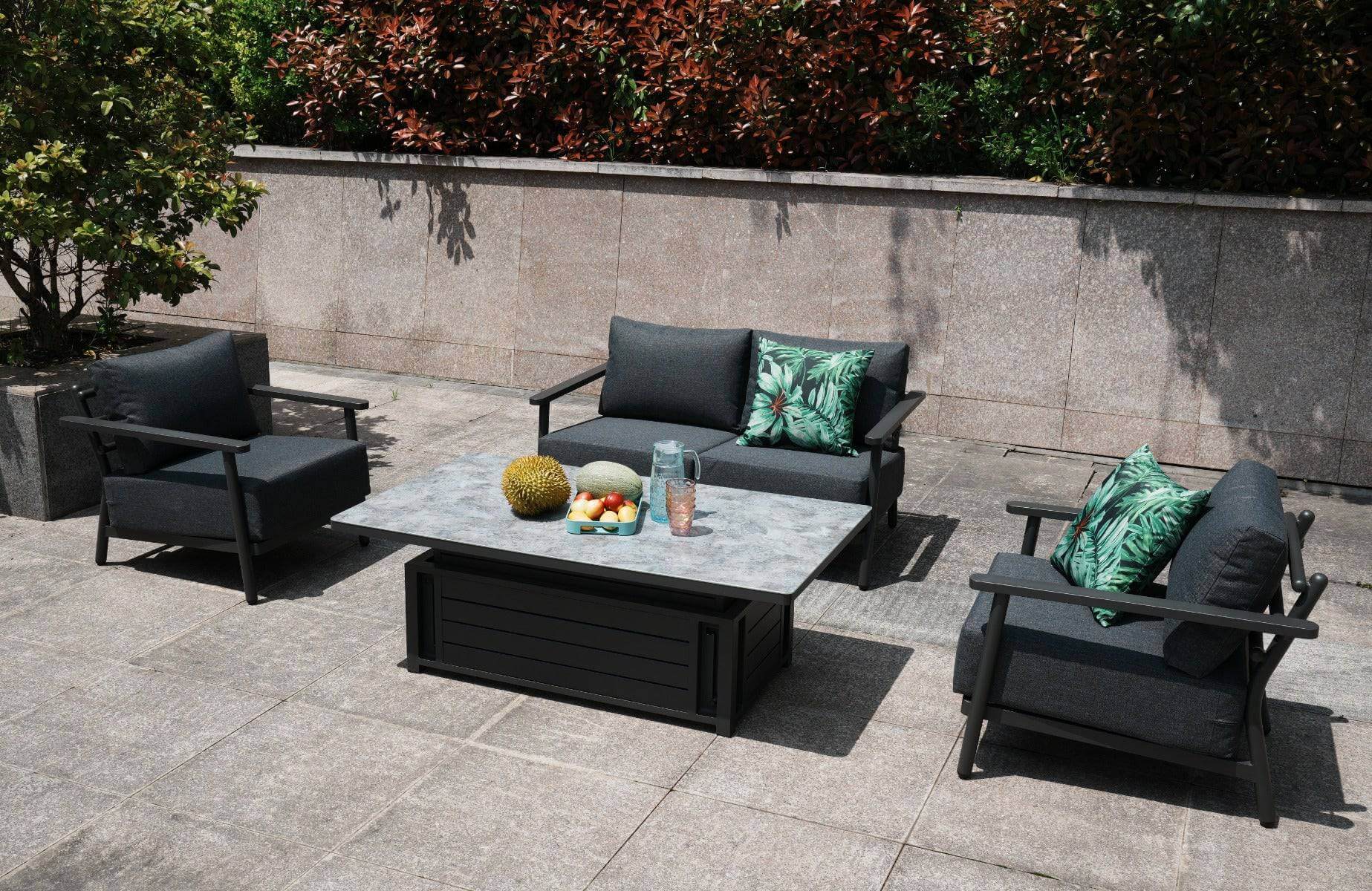 Complete view of the Aluminium 2 Seat Sofa Set with four chairs and a patterned rising table