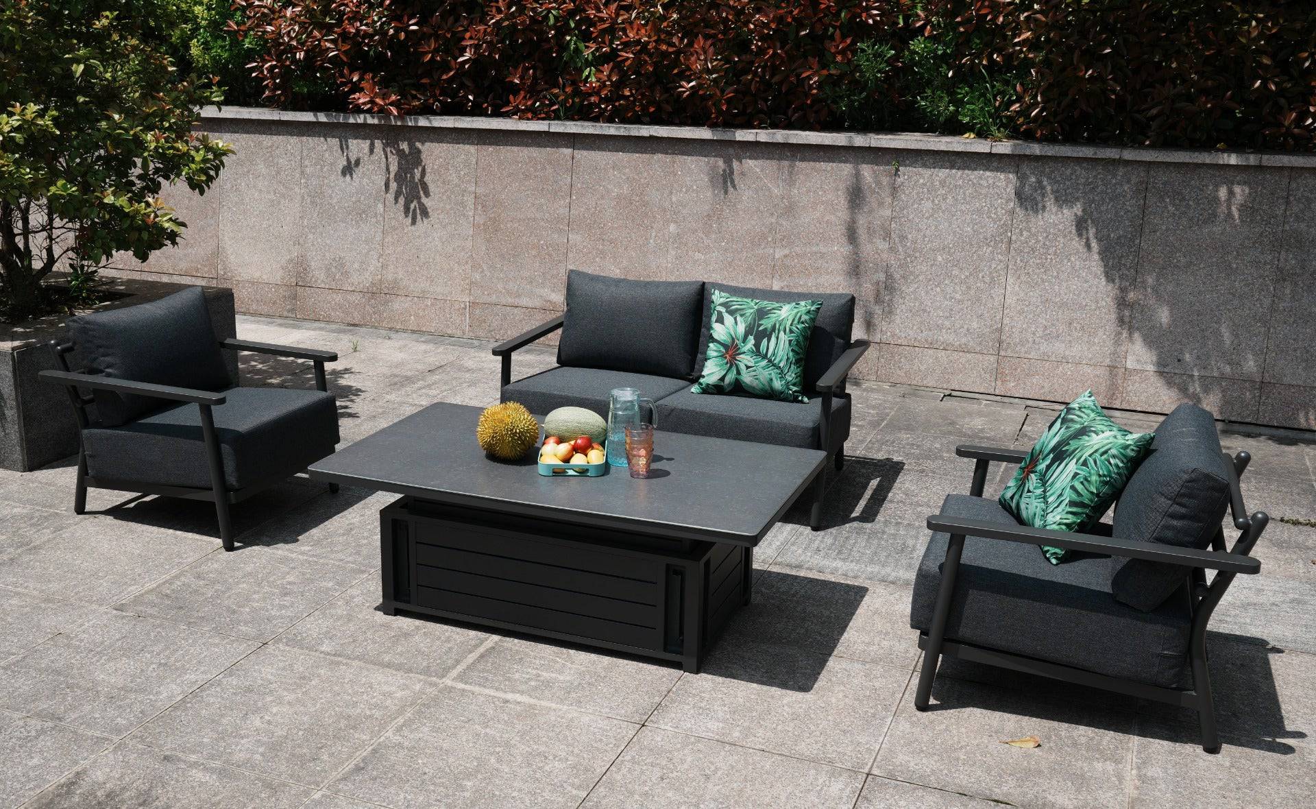 Outdoor aluminium 5-seat sofa set with a rising grey table