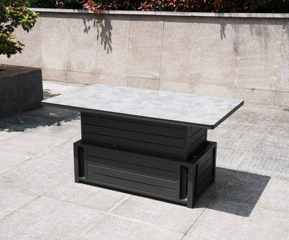 Aluminium 2 Seat Sofa Set with a rising table on a concrete patio