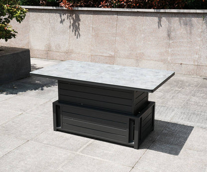 Aluminum 4-seat sofa set with rising table placed on a concrete patio