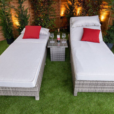 Champagne Deluxe Extra Wide Wheeled Lounger Set of 2 with Side Table - Garden Furniture Hub Essex