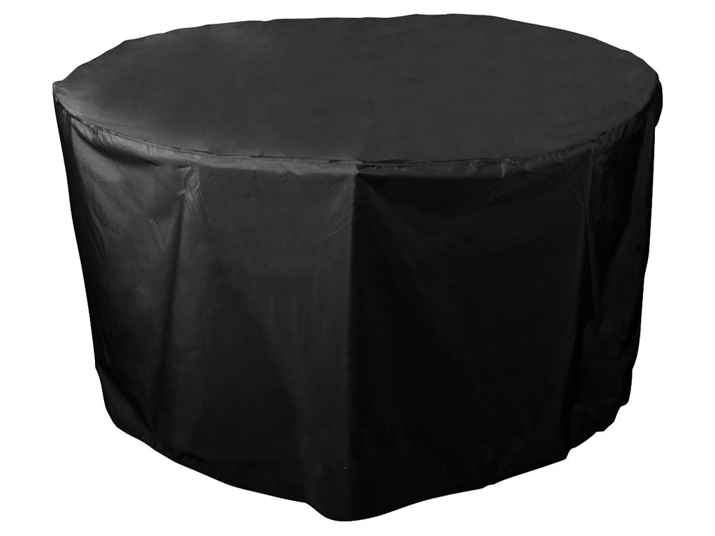 Protective cover for a 4-seater round outdoor furniture set on a white background