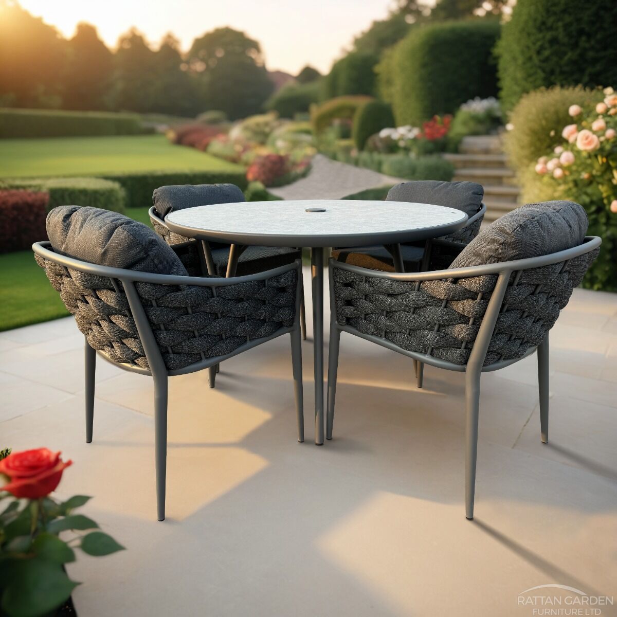Annabelle Grey 4 Seater Rope Dining Set INC FREE LAZY SUSAN