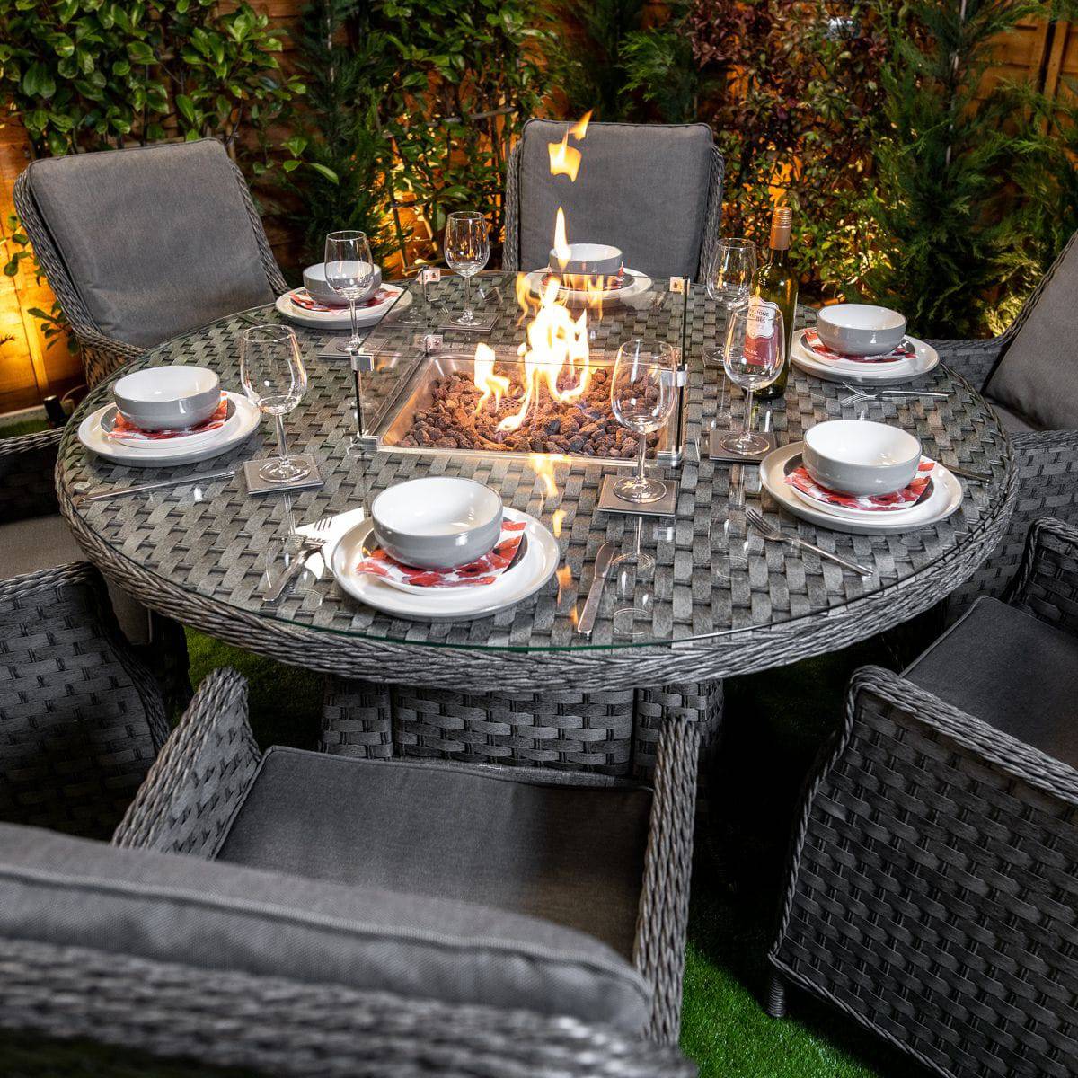 Serena Paris 6 Seat Round Fire Pit Dining Set - Garden Furniture Hub Essex