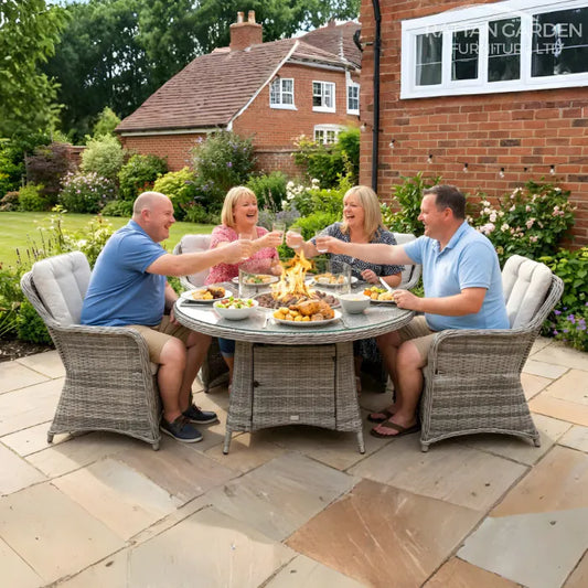 Champagne Rattan Vienna 4 Seater Round Fire Pit Dining Set