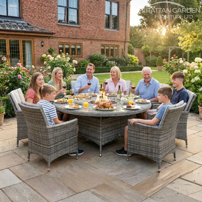 Champagne Rattan Atlanta 8 Seater Fire Pit Round Dining Table Set