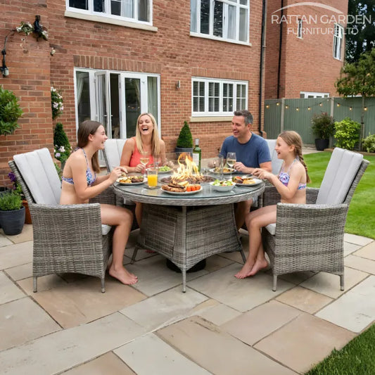 Champagne Atlanta Round 4 Seat Fire Pit Rattan Dining Table Set