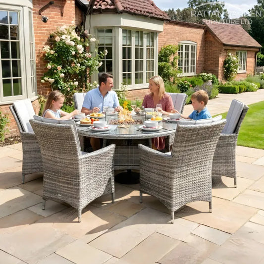 Champagne Rattan Atlanta Round 6 Seater Fire Pit Dining Table Set