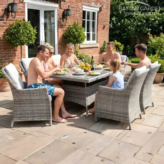 Champagne Rattan Paris Rectangular 6 Seater Dining Table Set