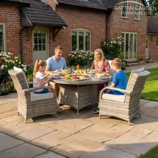 Champagne Tokyo Round 4 Seat Fire Pit Rattan Dining Set