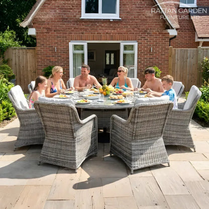 Champagne Rattan Vienna Round 8 Seater Garden Furniture with Fire Pit