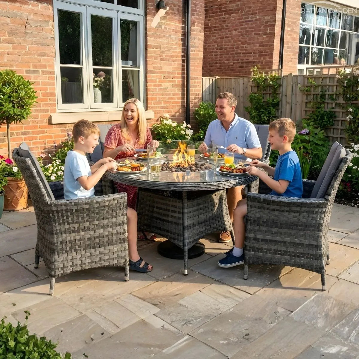 Serena Rattan Atlanta 4 Seater Round Fire Pit Dining Set