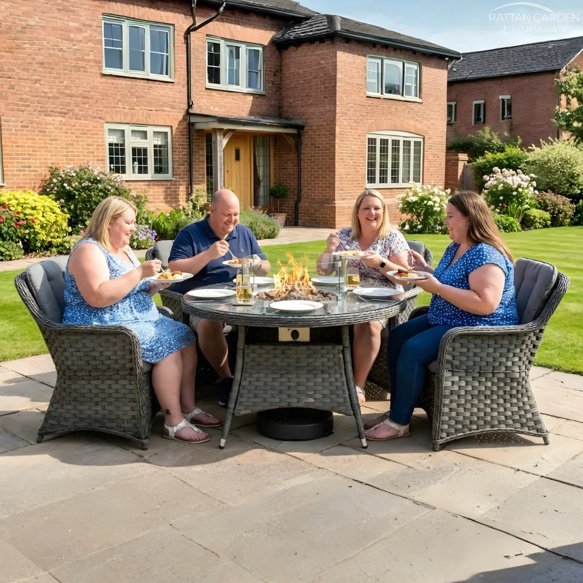 Serena Rattan Vienna Round 4 Seater Fire Pit Dining Set