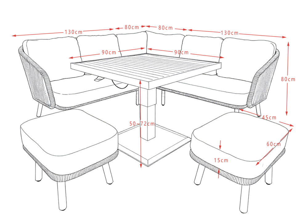 Ferrara Aluminium & Rope (Teak Look) Corner Dining Set with Rising Table