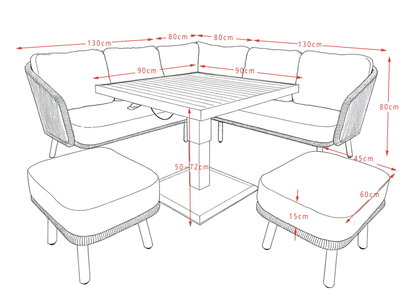 Ferrara Aluminium & Rope (Teak Look) Corner Dining Set with Rising Table
