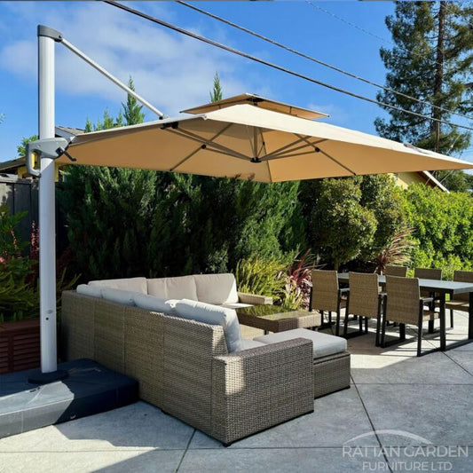 Deluxe 3m Square Cantilever Parasol in Beige with Base